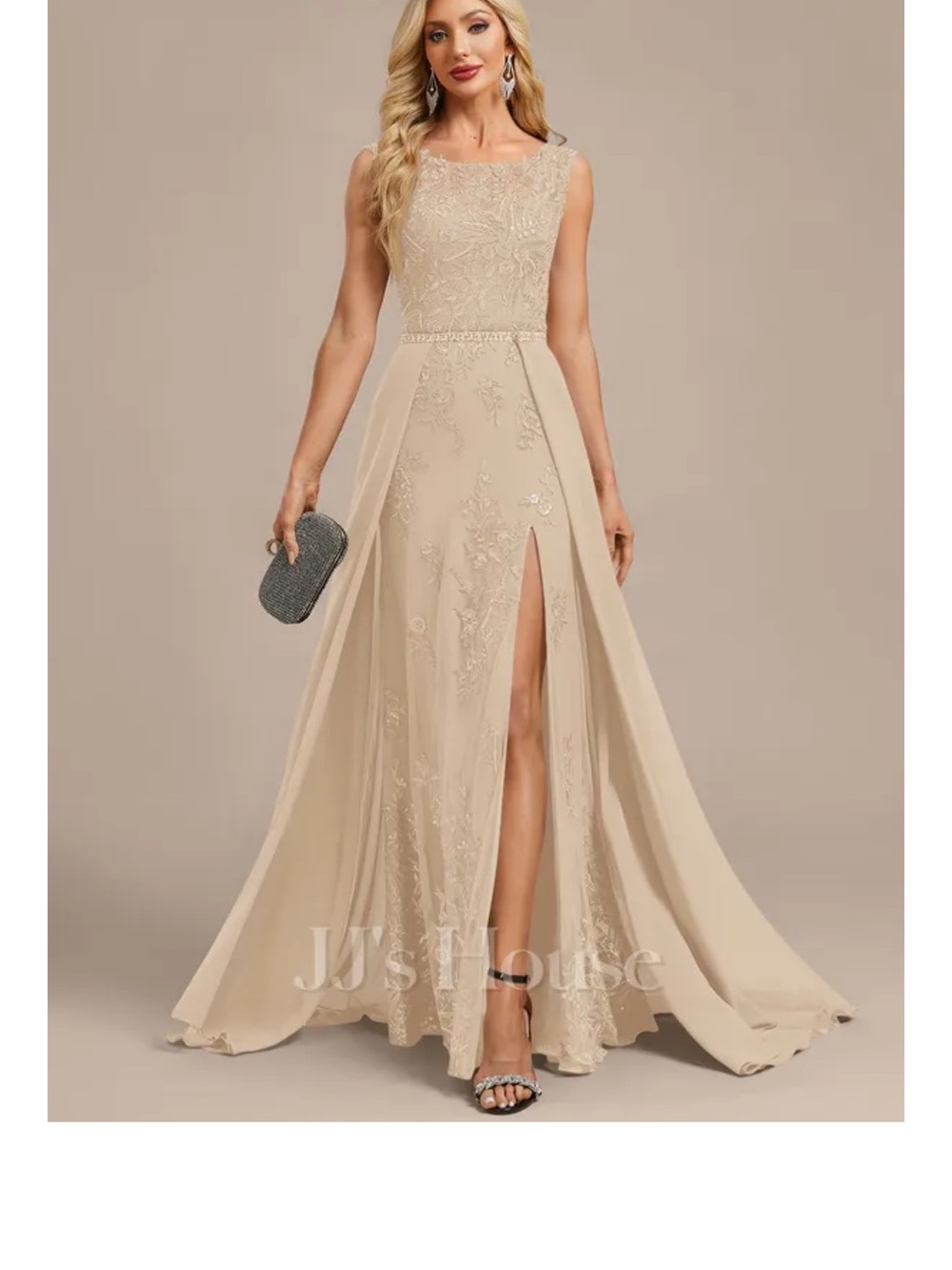 JJs House Beige Embroidered Gown with Front Slit MOB or Wedding guest